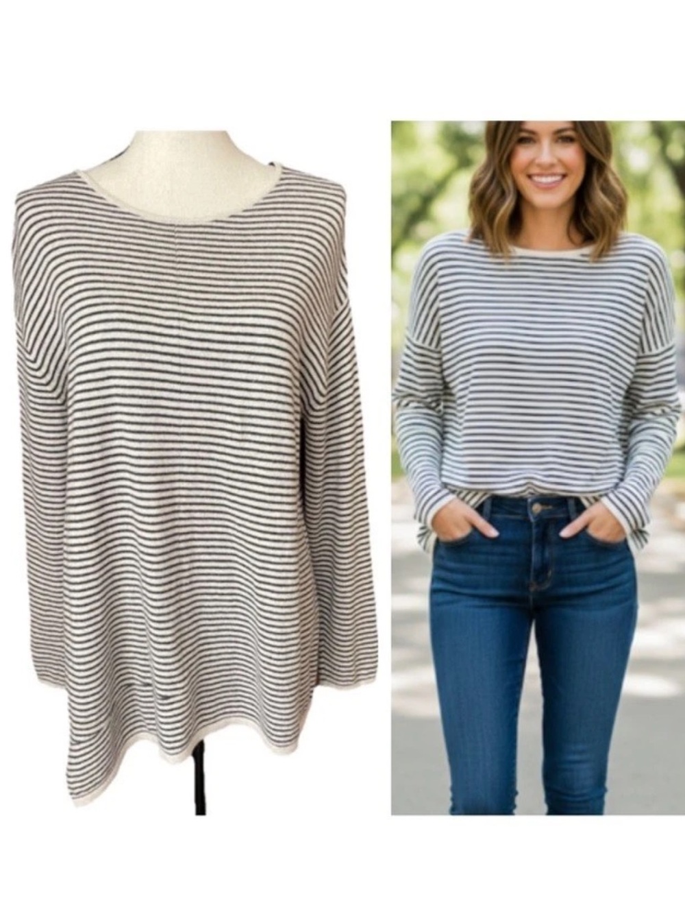 J Pure Jill Cotton Cashmere Soft Tunic Sweater Seersucker Striped Asymmetric M